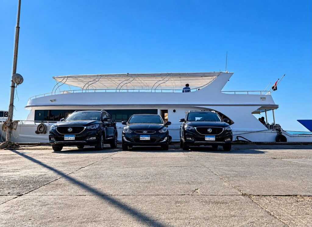Transfer cars lined up beside the boat at the marina